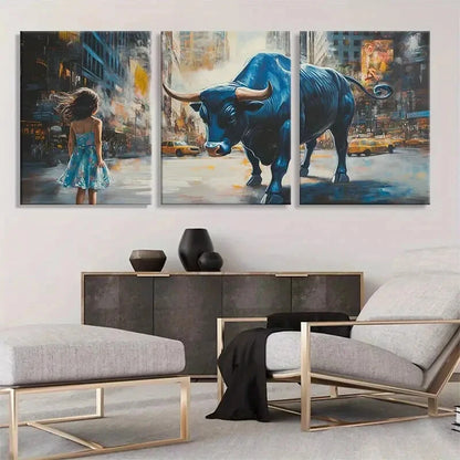 3pcs Fearless Girl and Bull Powerful Perfect Wall Art Set Canvas Framed 40x60cm - High Quality Print 100% Australian Made Wall Canvas Ready to Hang