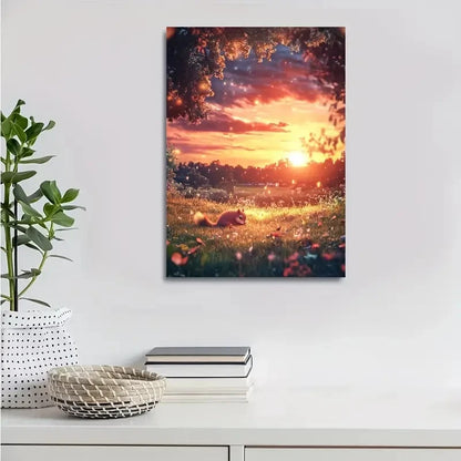 Soft Moonlight & Glowing Sky Squirrel Sunset Painting 40x60cm Metal Print Ready to Hang