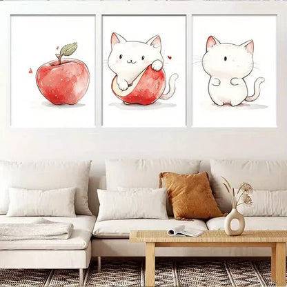 3pcs Adorable Cat and Apple Watercolor Wall Art Canvas Unframed - High Quality Print 100% Australian Made Wall Canvas