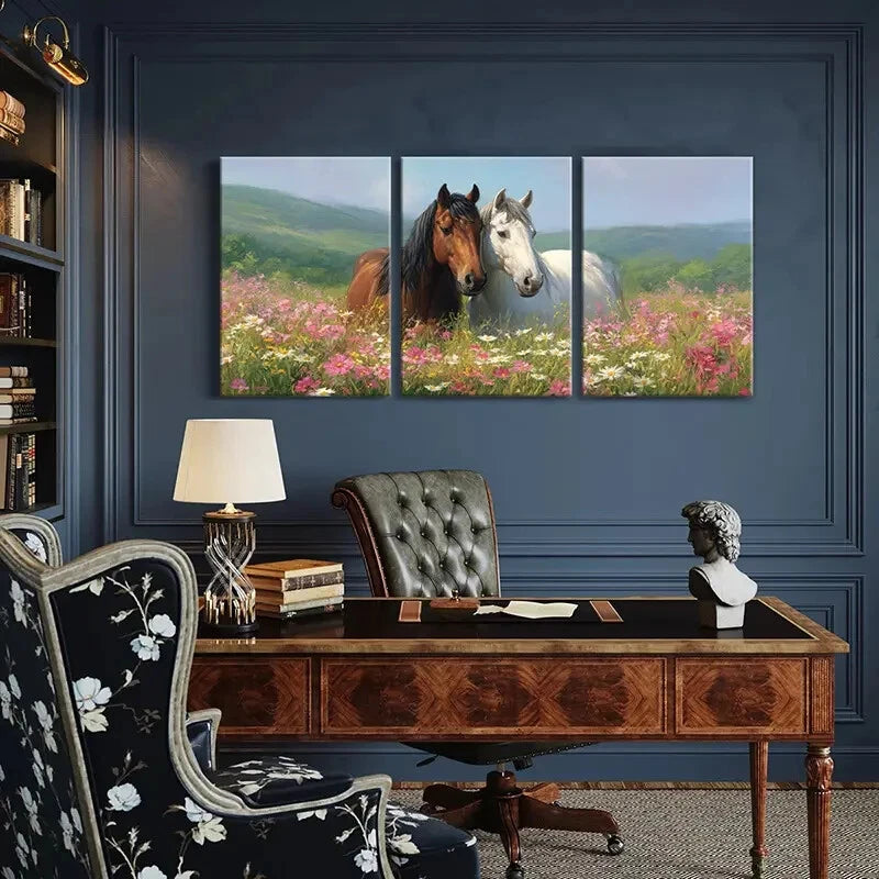 3pcs Vibrant Horses in Bloom Pastoral Scene Metal Print Ready to Hang Art