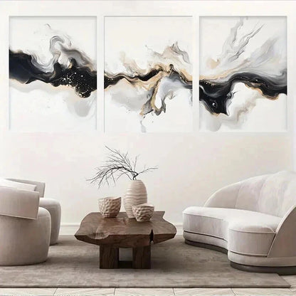 3pcs Elegant Black White And Golden Abstract Wall Art Set Canvas Framed 50x70cm - High Quality Print 100% Australian Made Wall Canvas Ready to Hang