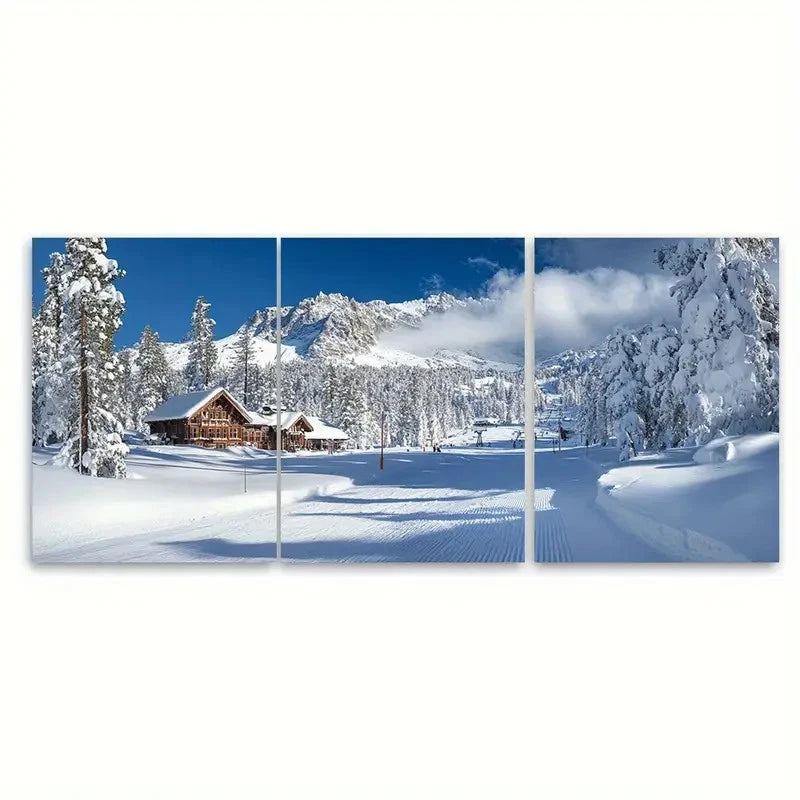 3pcs Village Scene with Sugar Bowl Ski VI Wall Art Set Canvas Framed 40x60cm - High Quality Print 100% Australian Made Wall Canvas Ready to Hang