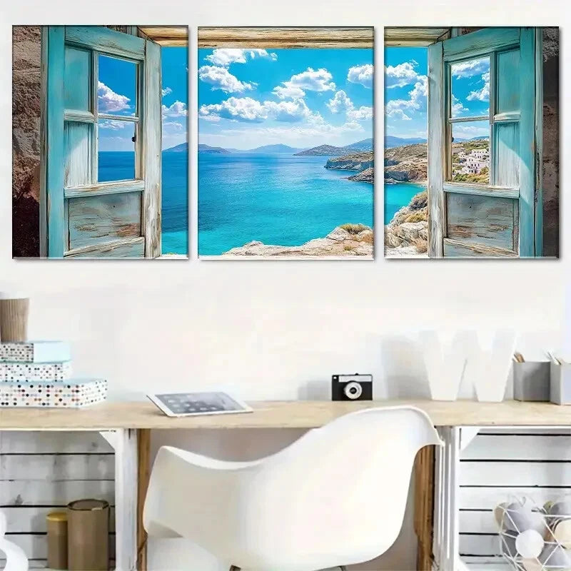 3pcs Coastal Blue Ocean Window Scene Metal Print Ready to Hang Art