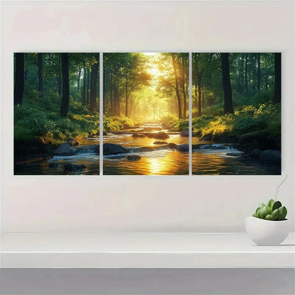 3pcs Vibrant Natural Scene Forest Stream Metal Print Ready to Hang Art