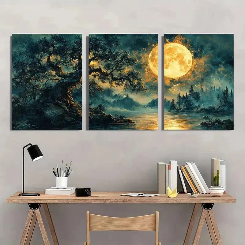 3pcs Enchanting Night Scene with Full Moon Metal Print Ready to Hang Art