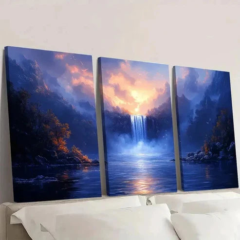3pcs Glowing Blue Waterfall Wall Art Canvas Unframed - High Quality Print 100% Australian Made Wall Canvas