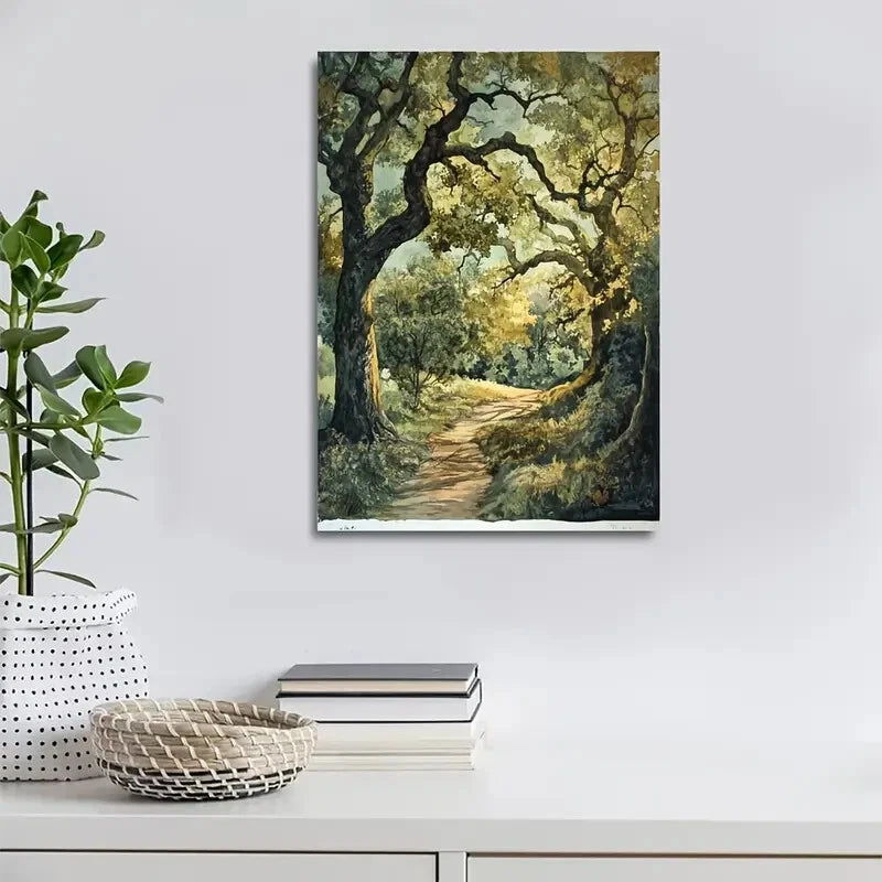 Vibrant Oak Forest Scene with Sunlit Painting  40x60cm Metal Print Ready to Hang