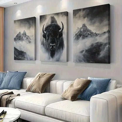 3pcs Majestic Bison And Mountains Wall Art Set Canvas Framed 40x60cm - High Quality Print 100% Australian Made Wall Canvas Ready to Hang