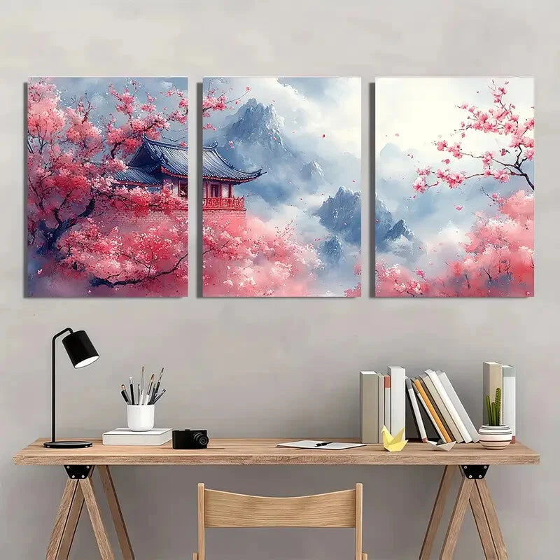 3pcs Pink Blooming Sakura Trees East Perfect Wall Art Set Canvas Framed 40x60cm - High Quality Print 100% Australian Made Wall Canvas Ready to Hang