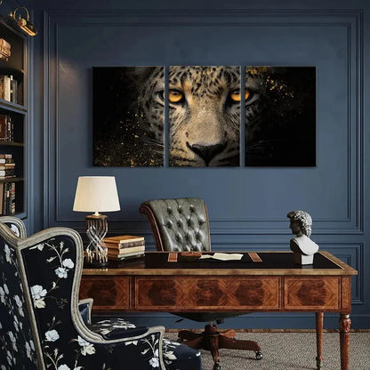 3pcs Leopard Portrait Golden Eyes Abstract Metal Print Ready to Hang Art