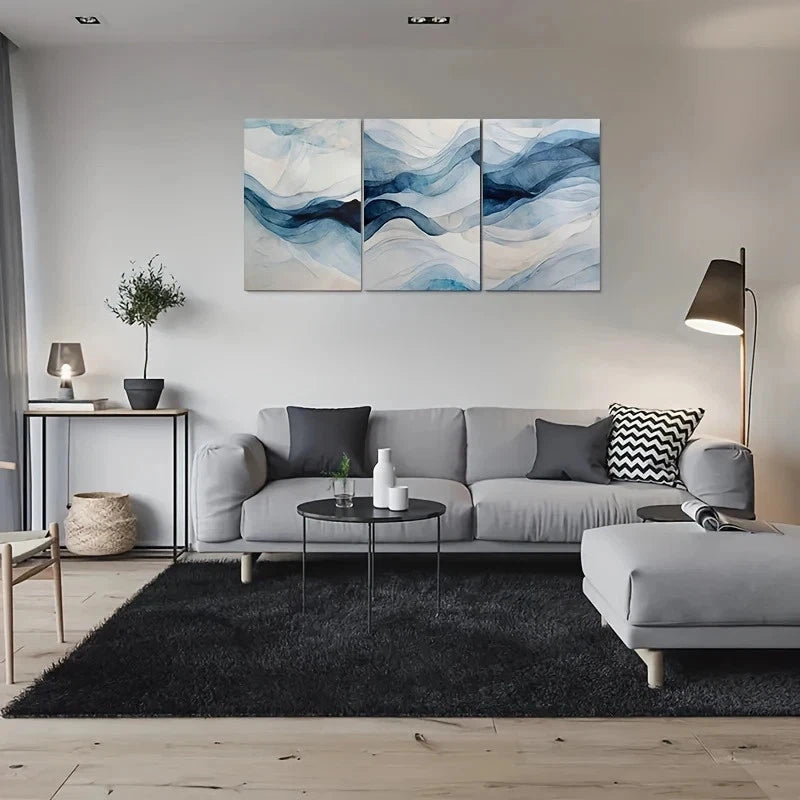 3pcs Abstract Watercolor Blue & White Waves Metal Print Ready to Hang Art