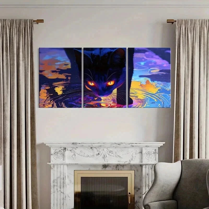 3pcs Psychedelic Abstract Aesthetic Black Cat Wall Art Set Canvas Framed 40x60cm - High Quality Print 100% Australian Made Wall Canvas Ready to Hang