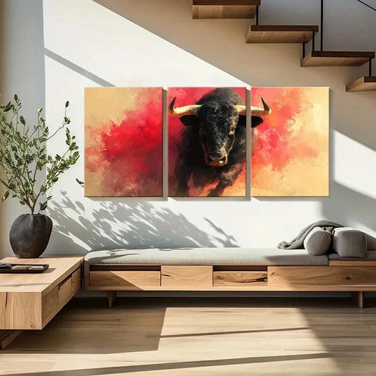 3pcs Artistic Bull Painting Abstract Design Metal Print Ready to Hang Art