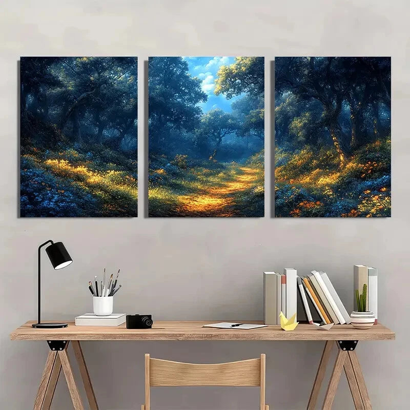 3pcs Mystical Blue and Golden Enchanted Forest Wall Art Set Canvas Framed 40x60cm - High Quality Print 100% Australian Made Wall Canvas Ready to Hang