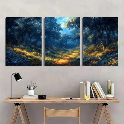 3pcs Mystical Blue and Golden Enchanted Forest Wall Art Set Canvas Framed 40x60cm - High Quality Print 100% Australian Made Wall Canvas Ready to Hang