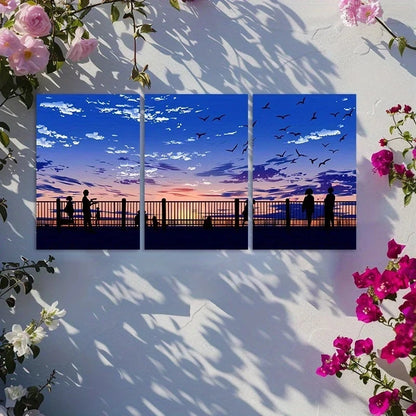 3pcs Anime Sky with Clouds and Silhouettes Metal Print Ready to Hang Art