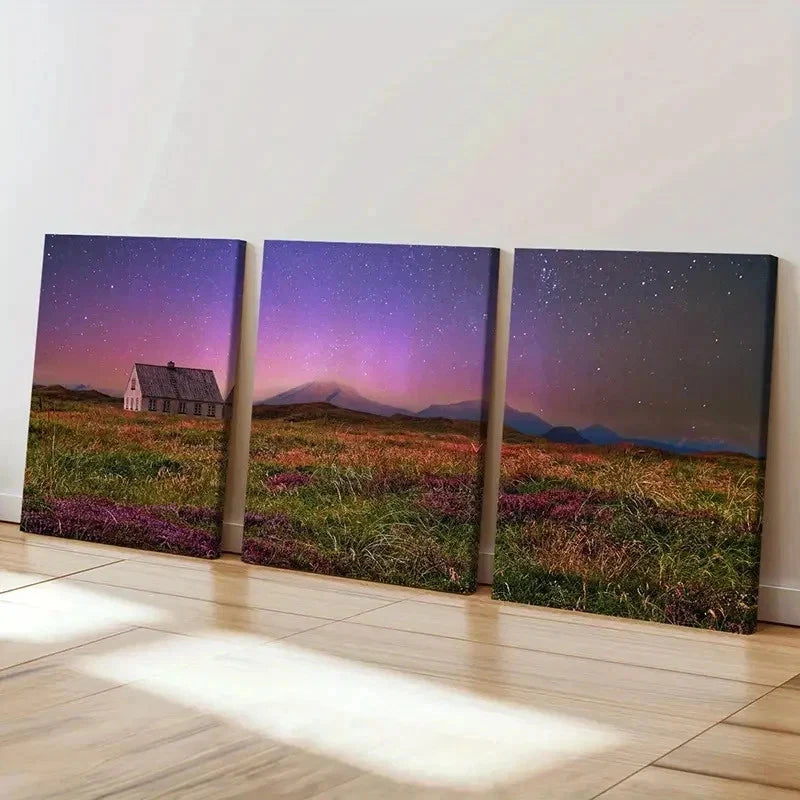 3pcs Starry Night Scene Grassland & Cabin Wall Art Set Canvas Framed 40x60cm - High Quality Print 100% Australian Made Wall Canvas Ready to Hang