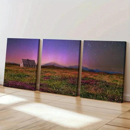 3pcs Starry Night Scene Grassland & Cabin Wall Art Set Canvas Framed 40x60cm - High Quality Print 100% Australian Made Wall Canvas Ready to Hang