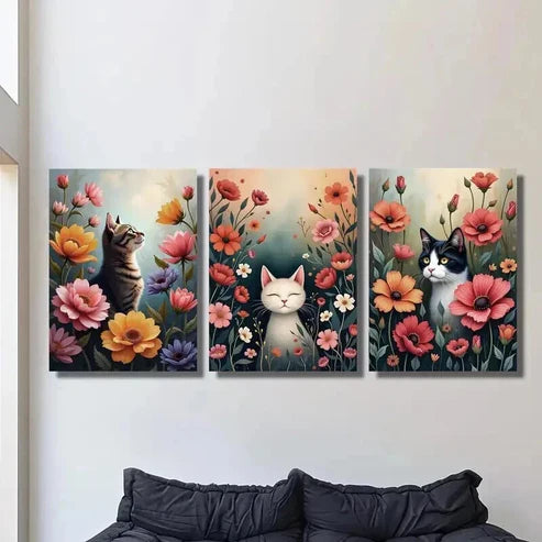3pcs Cats in the Colorful Garden Design Wall Art Canvas Unframed – High Quality Print 100% Australian Made Wall Canvas