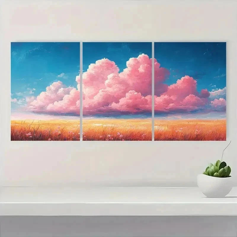 3pcs Vibrant Pink Clouds Landscape Perfect Wall Art Set Canvas Framed 40x60cm - High Quality Print 100% Australian Made Wall Canvas Ready to Hang