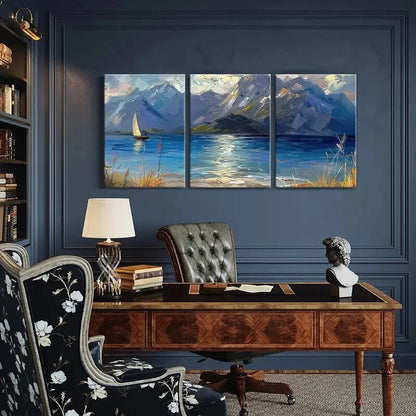 3pcs Sailboat Mountain Range Blue Waters Metal Print Ready to Hang Art