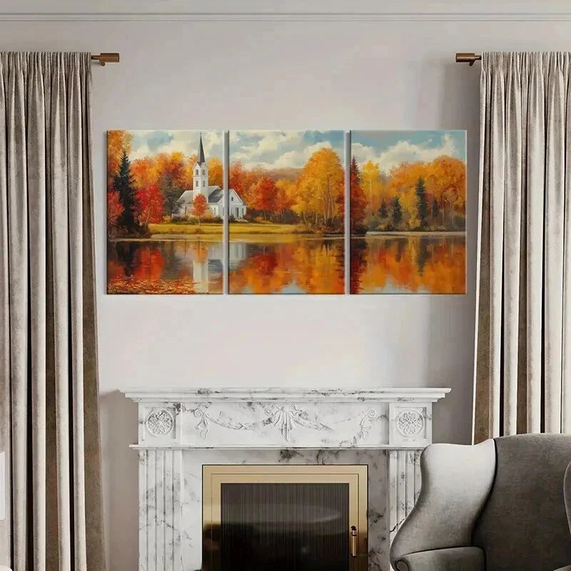 3pcs Autumn Church Landscape & Lake Reflection Wall Art Set Canvas Framed 40x60cm - High Quality Print 100% Australian Made Wall Canvas Ready to Hang