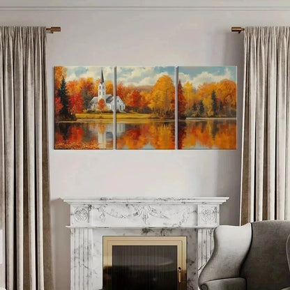 3pcs Autumn Church Landscape & Lake Reflection Wall Art Set Canvas Framed 40x60cm - High Quality Print 100% Australian Made Wall Canvas Ready to Hang