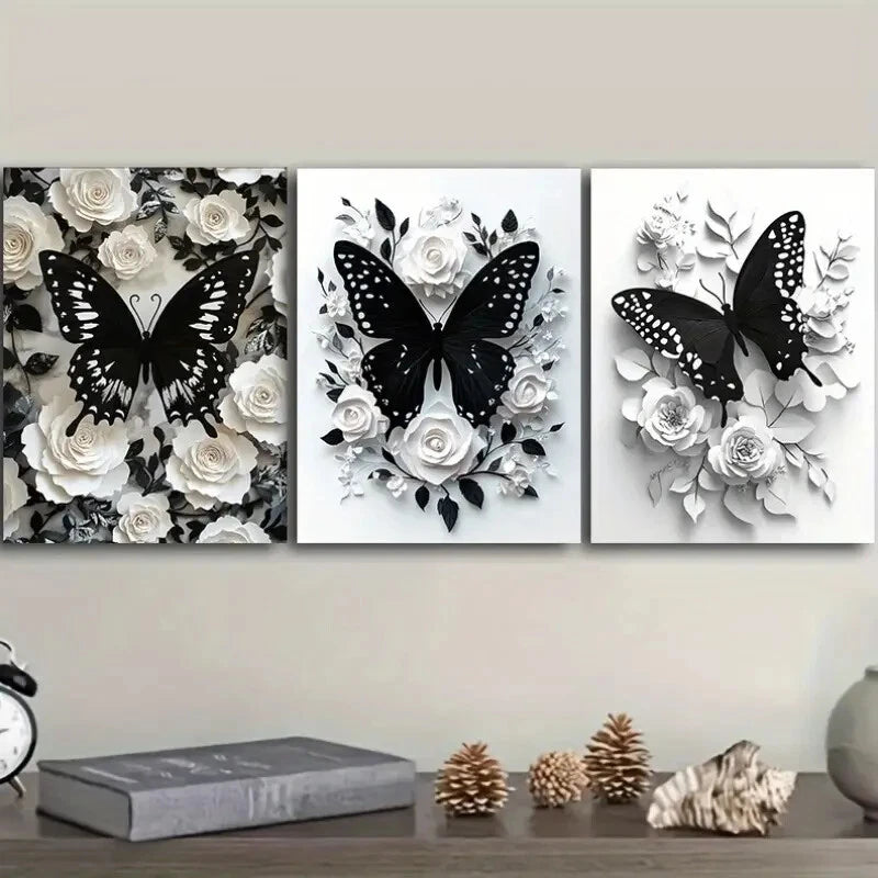 3pcs Black Butterfly & White Roses Metal Print Ready to Hang Art