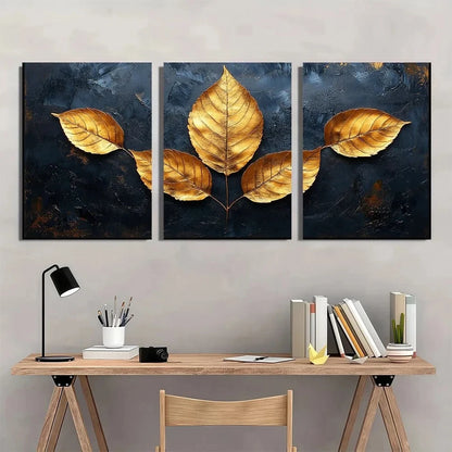 3pcs Golden leaf Flower Abstract Painting Metal Print Ready to Hang Art
