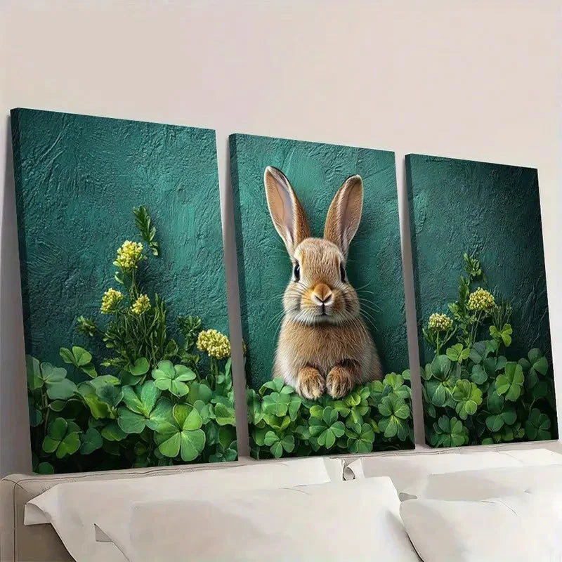 3pcs Bunny & Shamrock Green Clover and Rabbit Wall Art Set Canvas Framed 40x60cm - High Quality Print 100% Australian Made Wall Canvas Ready to Hang