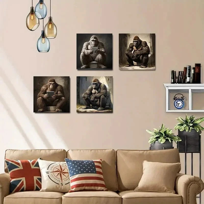 4pcsFunny Gorilla in the BathroomWall Art Canvas Framed