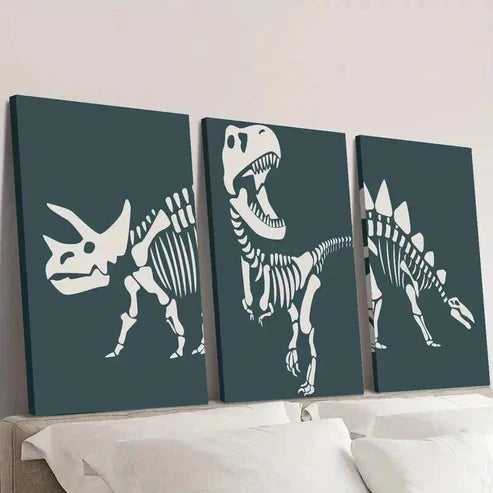 3pcs Dinosaur Triceratops Skeleton Outline Wall Art Set Canvas Unframed - High Quality Print 100% Australian Made Wall Canvas