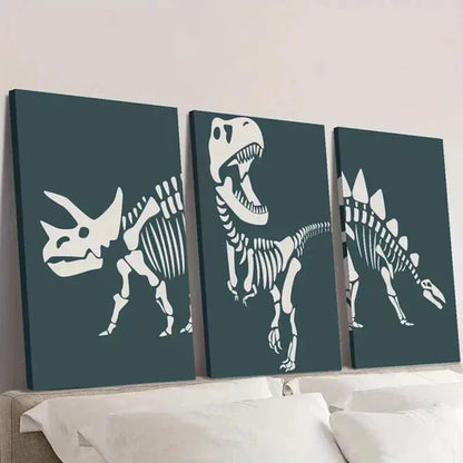 3pcs Dinosaur Triceratops Skeleton Outline Wall Art Set Canvas Unframed - High Quality Print 100% Australian Made Wall Canvas