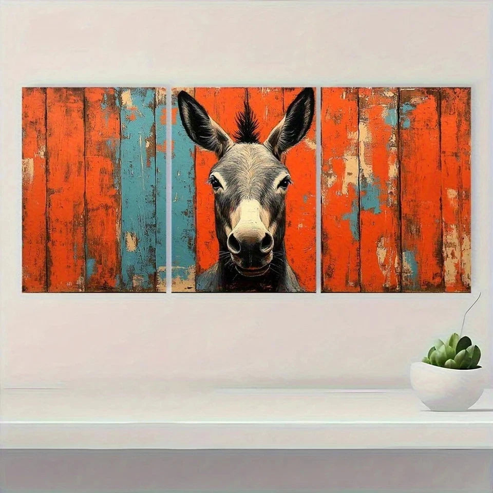 3pcs Vibrant Teal & White Abstract Donkey Metal Print Ready to Hang Art