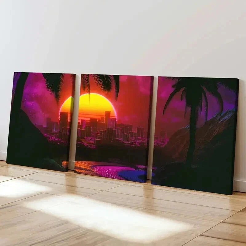 3pcs Sunset Cityscape Vaporwave Aesthetic Wall Art Set Canvas Framed 40x60cm - High Quality Print 100% Australian Made Wall Canvas Ready to Hang