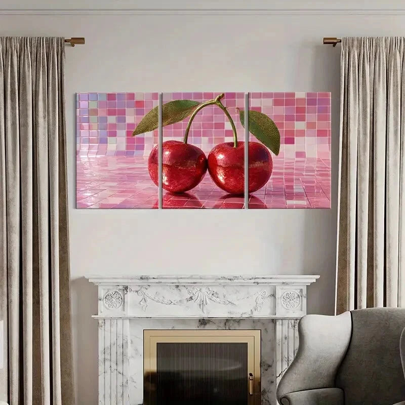 3pcs Artistic Cherry Mosaic Design Poster Metal Print Ready to Hang Art