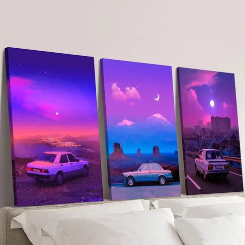 3pcs Classic Cars Moonlit Nights & Vibrant Skies Wall Art Canvas Unframed – High Quality Print 100% Australian Made Wall Canvas