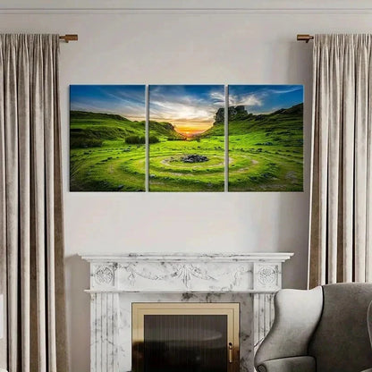 3pcs Green Grass Sunset Scenery Natural Wall Art Set Canvas Framed 40x60cm - High Quality Print 100% Australian Made Wall Canvas Ready to Hang