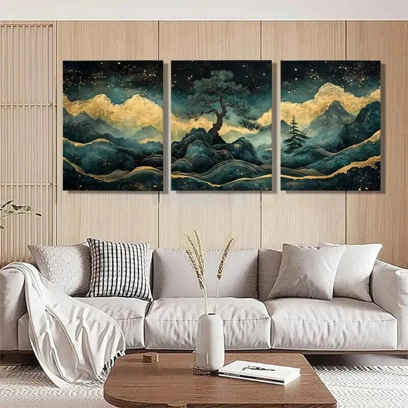 3pcs Golden Mountain Tree Night Sky Perfect Wall Art Set Canvas Framed 40x60cm - High Quality Print 100% Australian Made Wall Canvas Ready to Hang