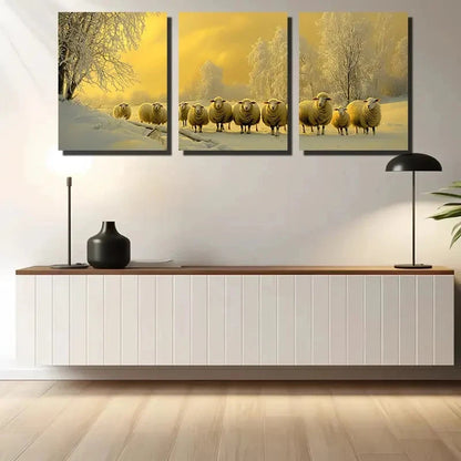 3pcs Sheep in the Snow Animal Themed Metal Print Ready to Hang Art