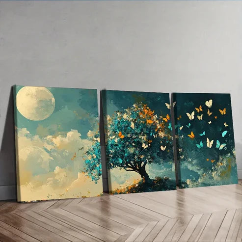 3pcs Butterfly Tree Design Durable Luxury Moon Wall Art Set Canvas Unframed - High Quality Print 100% Australian Made Wall Canvas