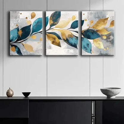 3pcs Abstract Leaves Golden And Teal Perfect Wall Art Canvas Unframed – High Quality Print 100% Australian Made Wall Canvas