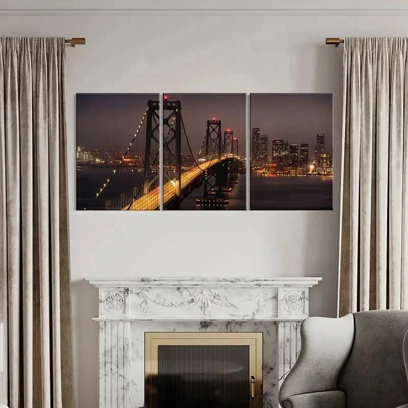 3pcs Golden Gate Bridge at Night View Wall Art Set Canvas Framed 40x60cm - High Quality Print 100% Australian Made Wall Canvas Ready to Hang