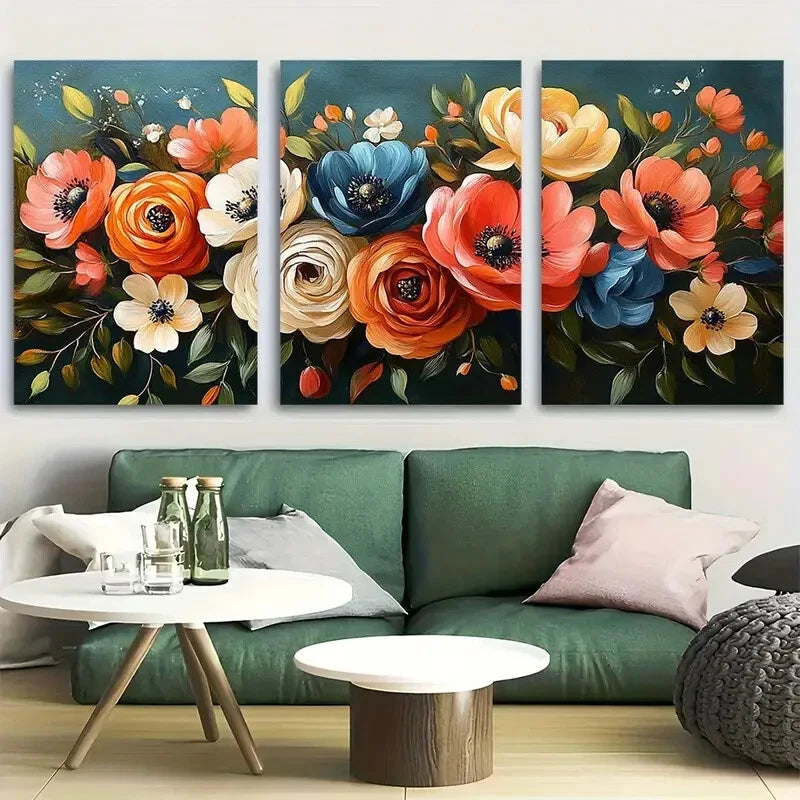3pcs Bold Floral Bouquet Abstract Perfect Wall Art Set Canvas Framed 40x60cm - High Quality Print 100% Australian Made Wall Canvas Ready to Hang