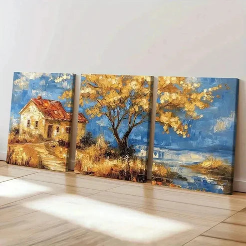 3pcs Autumn Cottage Golden Tree Serene Landscape Wall Art Set Canvas Unframed - High Quality Print 100% Australian Made Wall Canvas