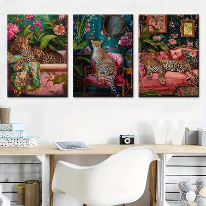 3pcs Three Cheetah Stylish Murals Perfect Wall Art Set Canvas Framed 40x60cm - High Quality Print 100% Australian Made Wall Canvas Ready to Hang