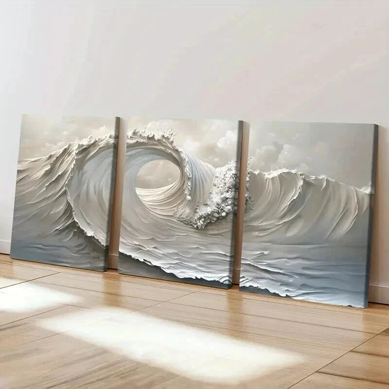 3pcs Abstract Ocean Wave Monochromatic Wall Art Set Canvas Framed 40x60cm - High Quality Print 100% Australian Made Wall Canvas Ready to Hang