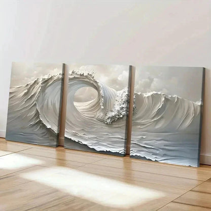 3pcs Abstract Ocean Wave Monochromatic Wall Art Set Canvas Framed 40x60cm - High Quality Print 100% Australian Made Wall Canvas Ready to Hang