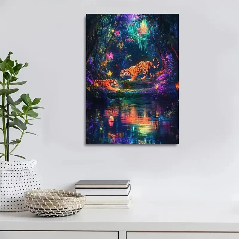 Vibrant Tiger Forest Magical Rainbow Painting 40x60cm Metal Print Ready to Hang
