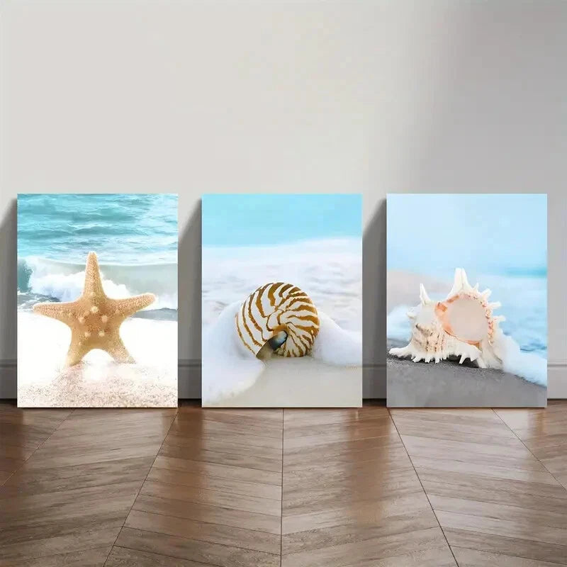 3pcs Blue Ocean Shell Painting Beautiful Beach Art Metal Print Ready to Hang Art